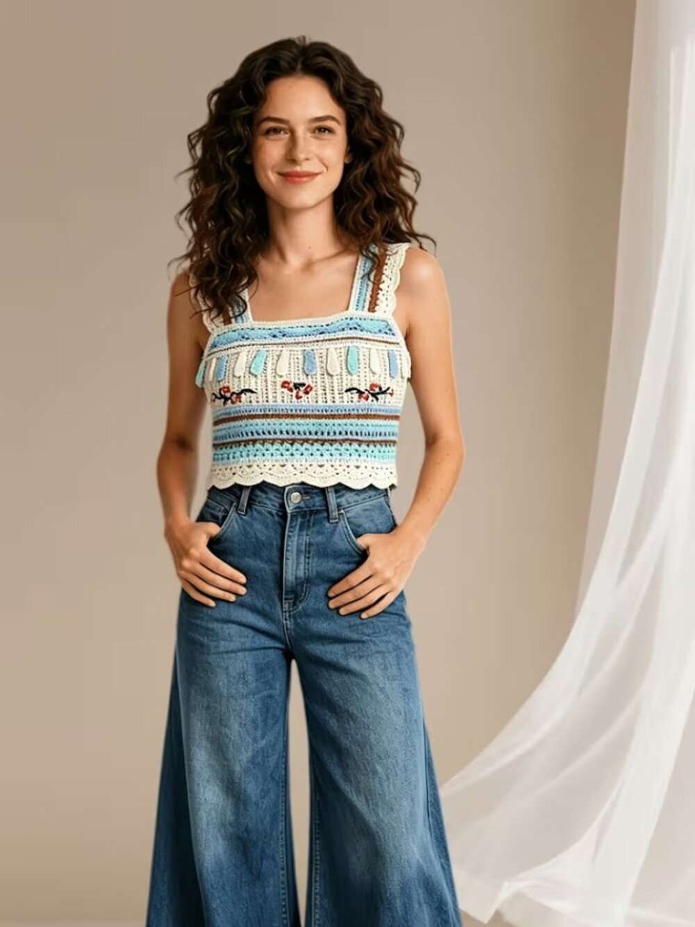 Western Retro Striped Crochet Square Neck Tank